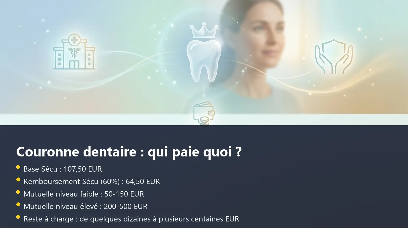 Infographie de décomposition du remboursement d'une couronne dentaire entre Sécurité sociale, mutuelle et reste à charge
