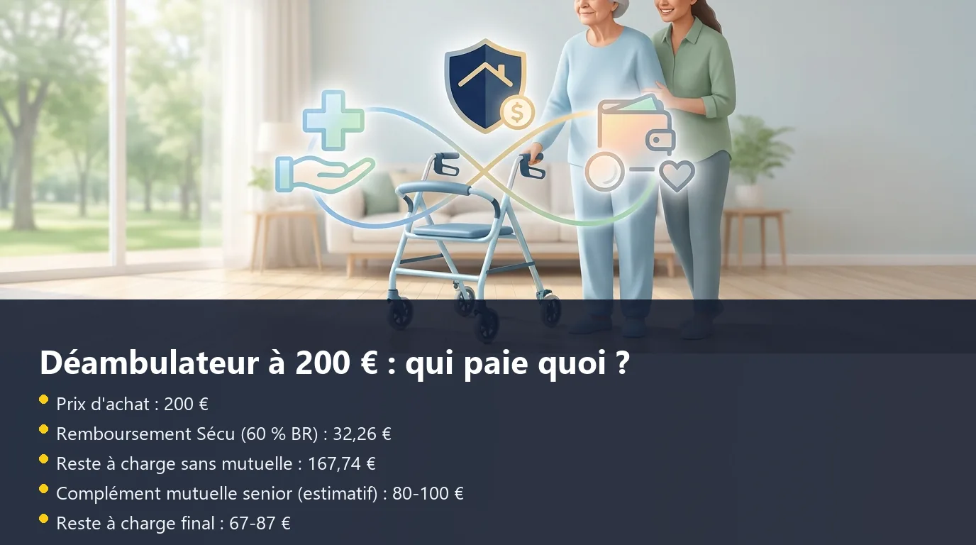 Infographie décomposant le remboursement d'un déambulateur à 200 euros entre Sécurité sociale, mutuelle et reste à charge