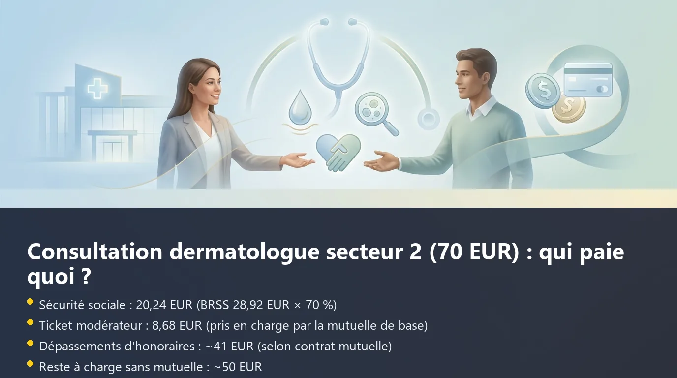 Infographie décomposant le remboursement d'une consultation dermatologue secteur 2 entre Sécurité sociale, mutuelle et reste à charge