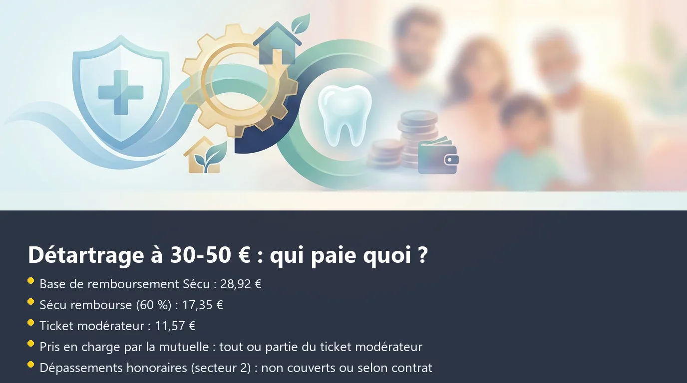 Schéma de la décomposition du remboursement d'un détartrage préventif entre Sécurité sociale, mutuelle et reste à charge