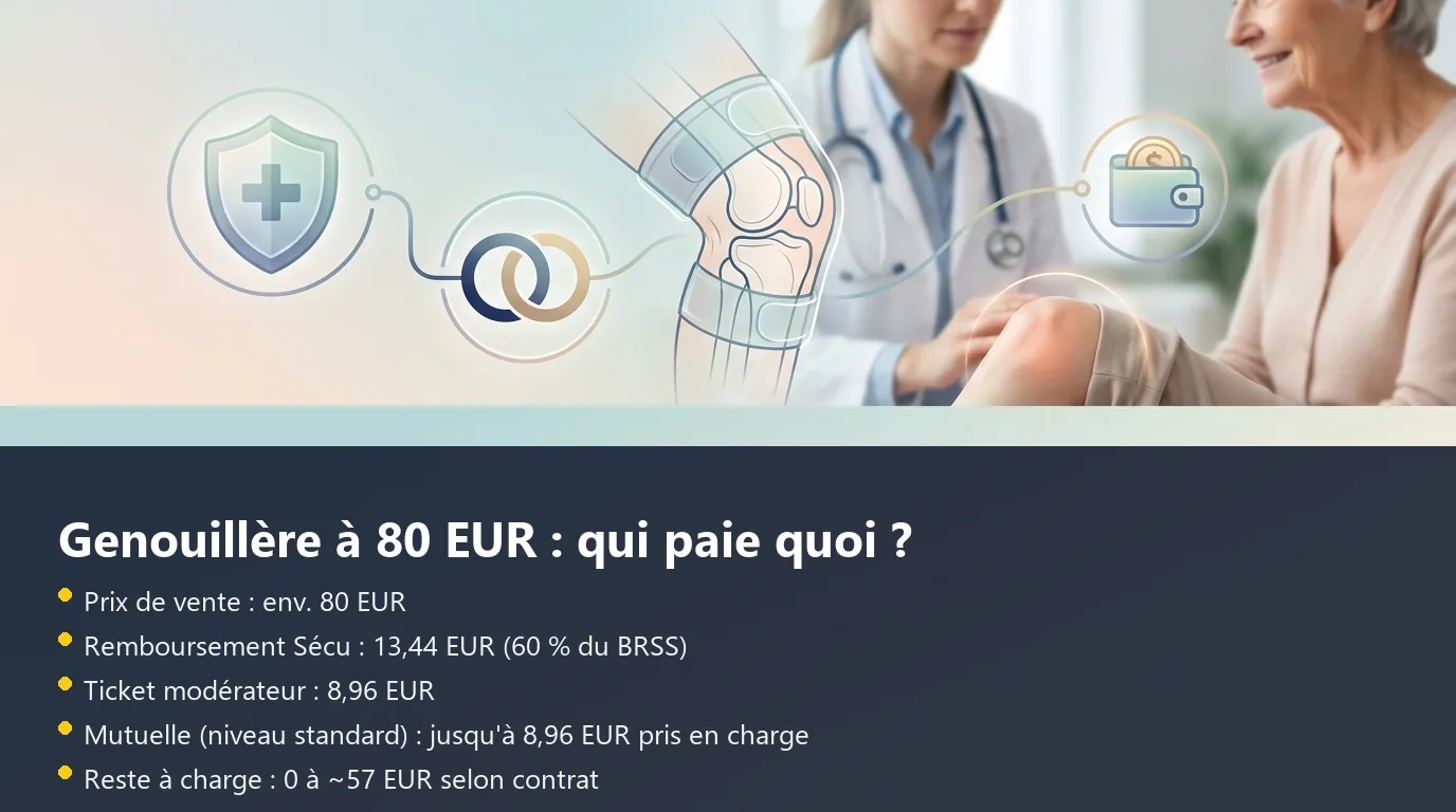Infographie de décomposition du remboursement d'une genouillère pour arthrose entre Sécu, mutuelle et reste à charge