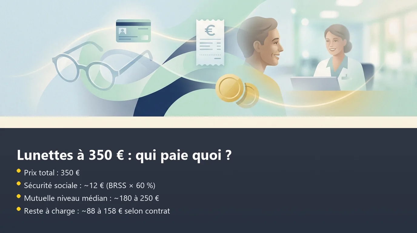 Infographie décomposant le remboursement d'une paire de lunettes à 350 € en panier libre entre Sécurité sociale, mutuelle et reste à charge