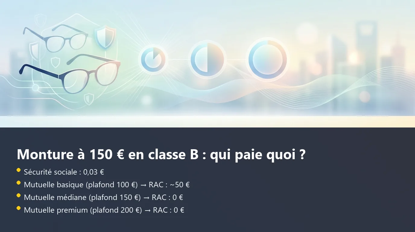 Infographie décomposant le remboursement d'une monture à 150 € selon trois niveaux de mutuelle