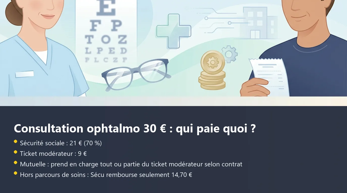 Infographie décomposant le remboursement d'une consultation ophtalmologue secteur 1 à 30 euros entre Sécurité sociale, mutuelle et reste à charge