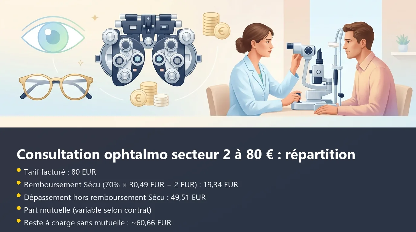 Décomposition du remboursement d'une consultation ophtalmologique secteur 2 facturée 80 euros