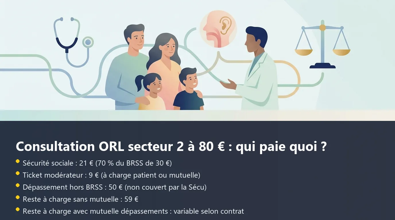 Infographie de la décomposition du remboursement d'une consultation ORL secteur 2 facturée 80 euros