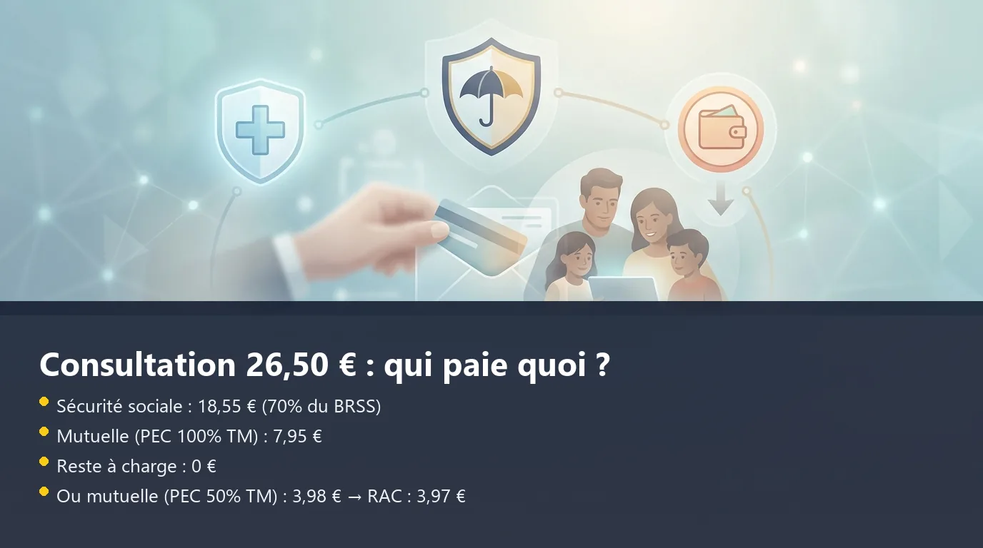 Schéma de décomposition du remboursement d'une consultation à 26,50 € entre Sécurité sociale, mutuelle et reste à charge