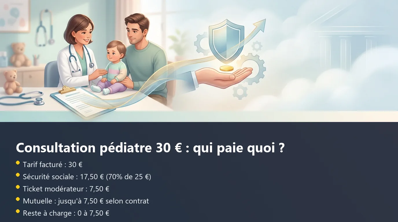 Infographie de décomposition du remboursement d'une consultation pédiatrique à 30 € en secteur 1