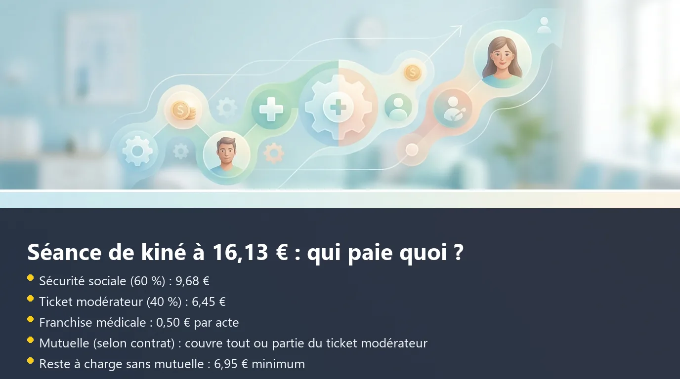 Décomposition du remboursement d'une séance de kiné entre Sécurité sociale, mutuelle et reste à charge