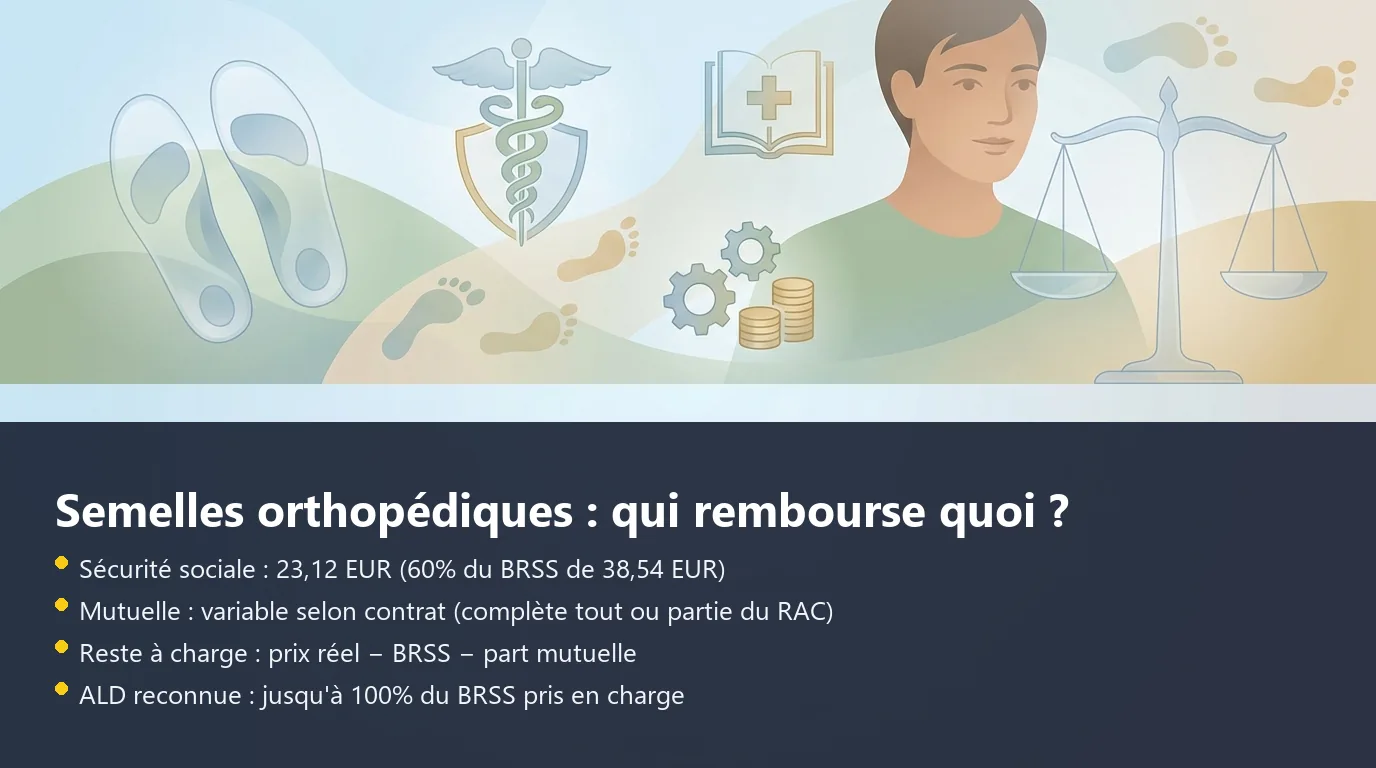 Infographie décomposant le remboursement d'une paire de semelles orthopédiques entre Sécurité sociale, mutuelle et reste à charge