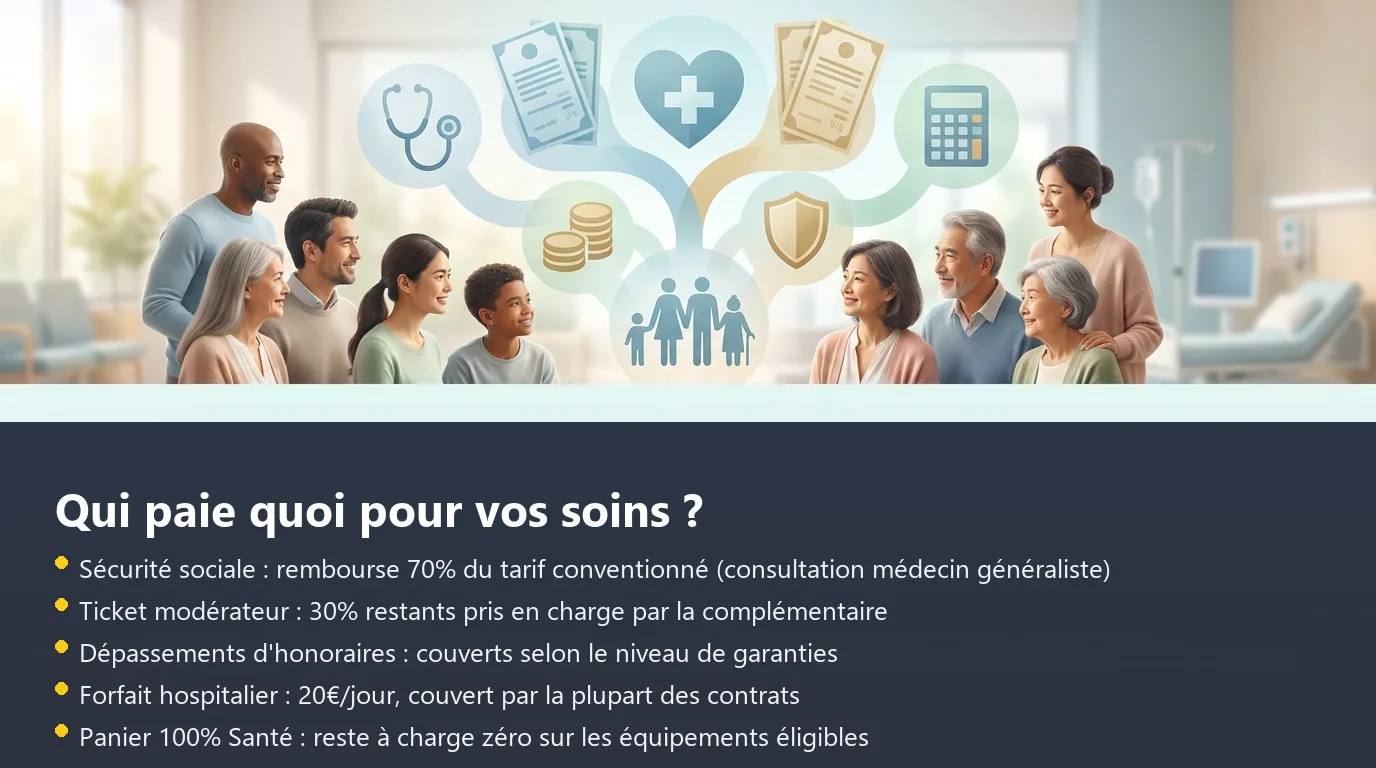 Infographie montrant la décomposition du remboursement d'un soin entre Sécurité sociale, complémentaire et reste à charge