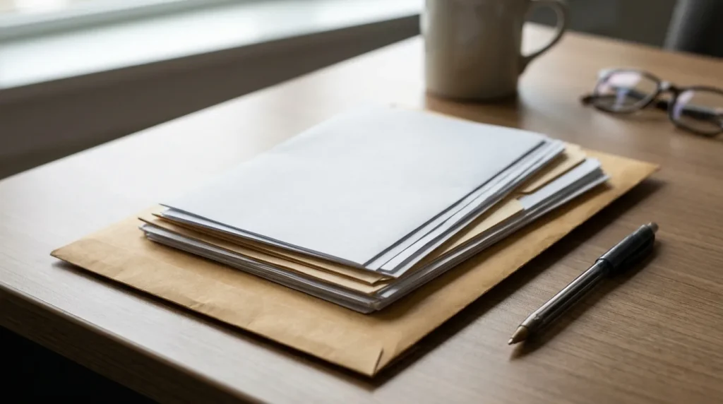 Courrier de résiliation posé sur une enveloppe avec un stylo, ambiance démarche administrative sobre