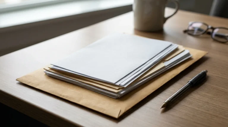 Courrier de résiliation posé sur une enveloppe avec un stylo, ambiance démarche administrative sobre
