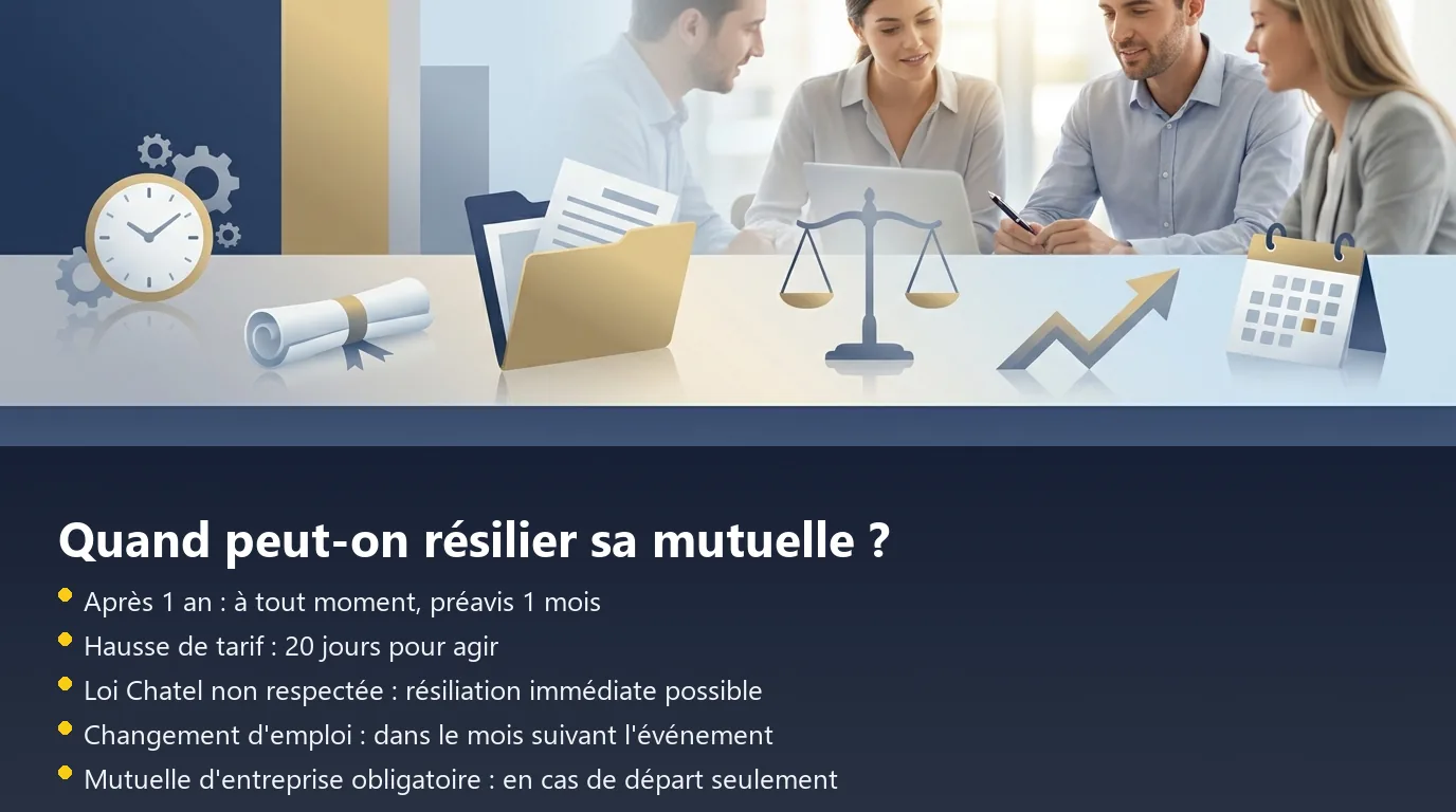 Chronologie des délais de résiliation de mutuelle selon les scénarios : après 1 an, hausse tarifaire, loi Chatel et changement d'emploi