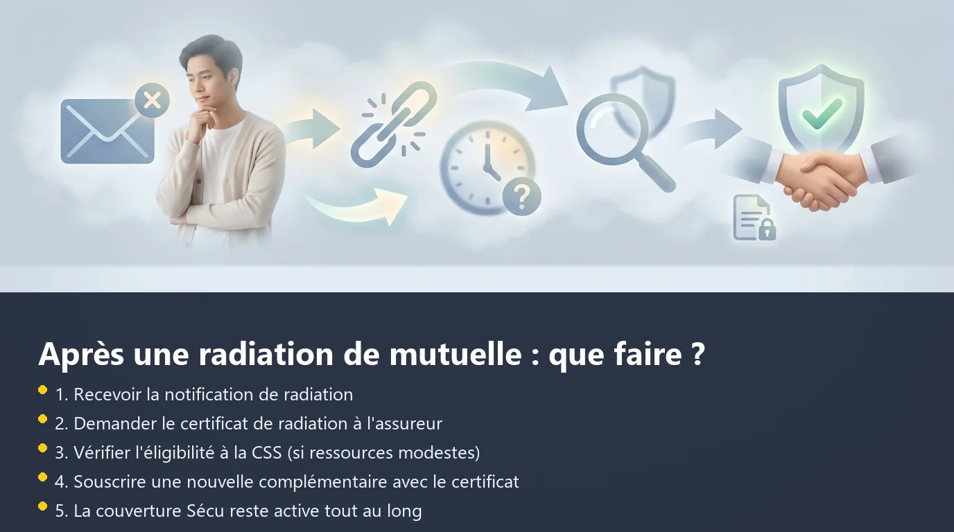 Infographie des cinq étapes à suivre après une radiation de mutuelle, de la notification à la nouvelle couverture