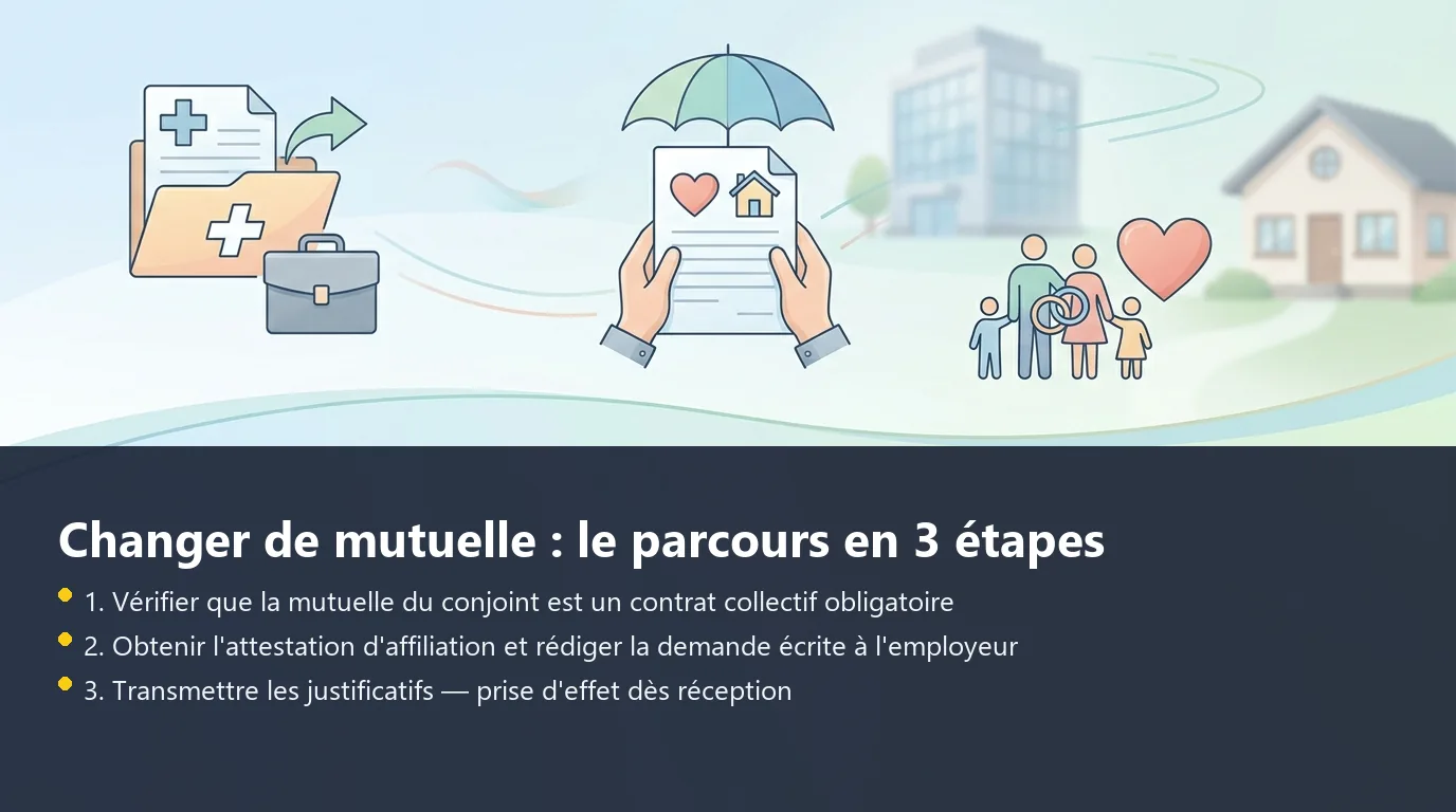 Infographie des trois étapes pour résilier sa mutuelle d'entreprise et rejoindre celle du conjoint
