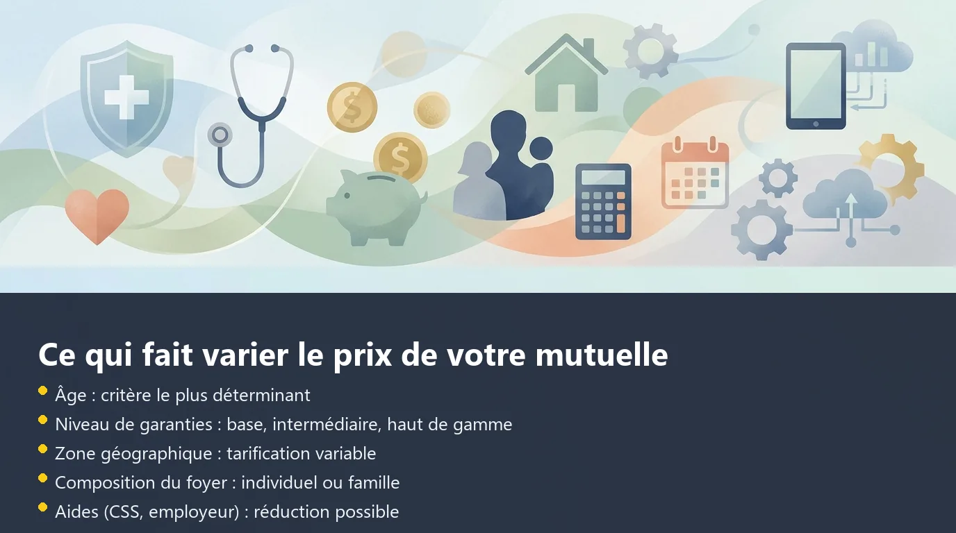 Infographie présentant les cinq facteurs qui influencent le coût d'une mutuelle santé