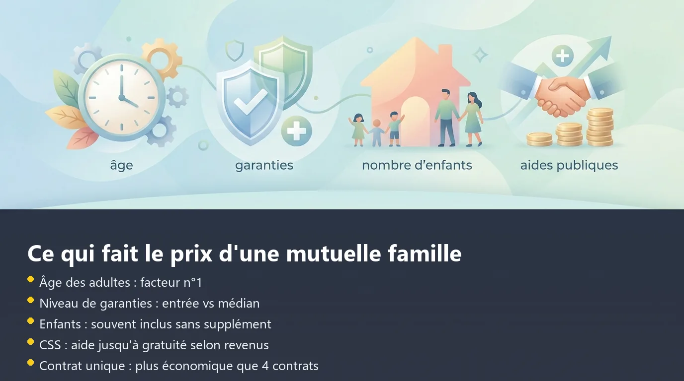 Infographie sur les facteurs qui font varier le prix d'une mutuelle familiale : âge, garanties, enfants, aides
