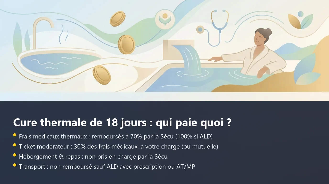 Décomposition des frais d'une cure thermale de 18 jours entre Sécurité sociale, ticket modérateur et frais d'hébergement