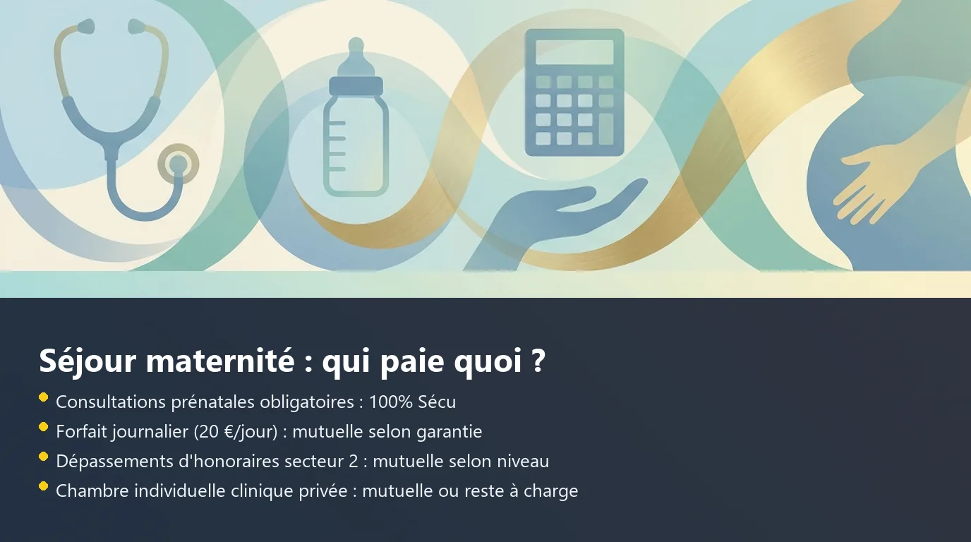 Infographie sur la répartition des frais de maternité entre Sécurité sociale, mutuelle et reste à charge