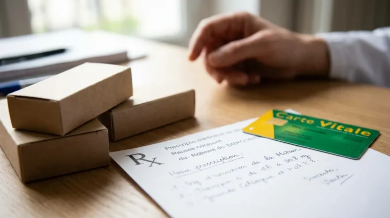 Ordonnance médicale et boîtes de médicaments posés sur un bureau avec une carte Vitale