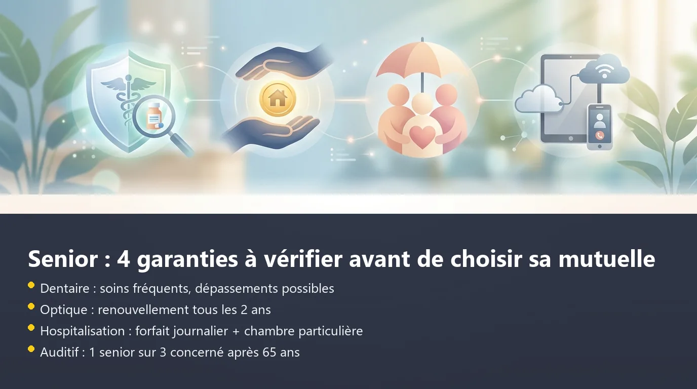 Infographie des quatre garanties prioritaires d'une complémentaire santé senior : dentaire, optique, hospitalisation, auditif