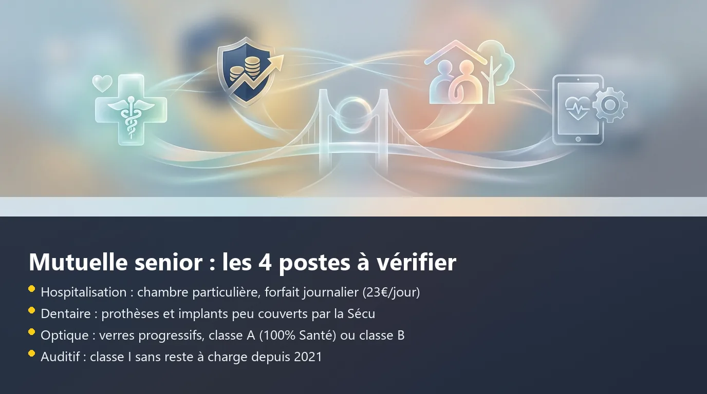 Infographie présentant les quatre garanties prioritaires d'une mutuelle senior : hospitalisation, dentaire, optique et auditif