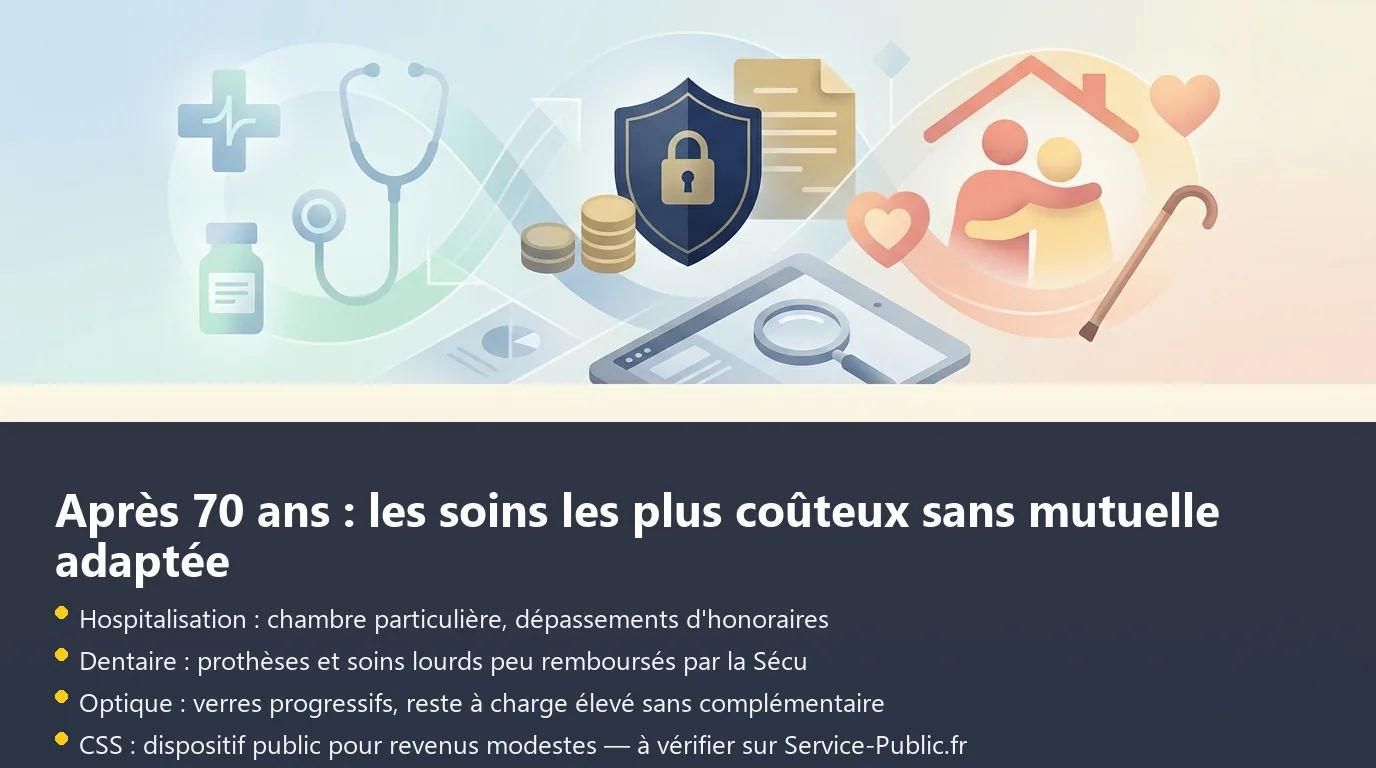 Infographie des trois garanties prioritaires d'une mutuelle senior après 70 ans : hospitalisation, dentaire et optique