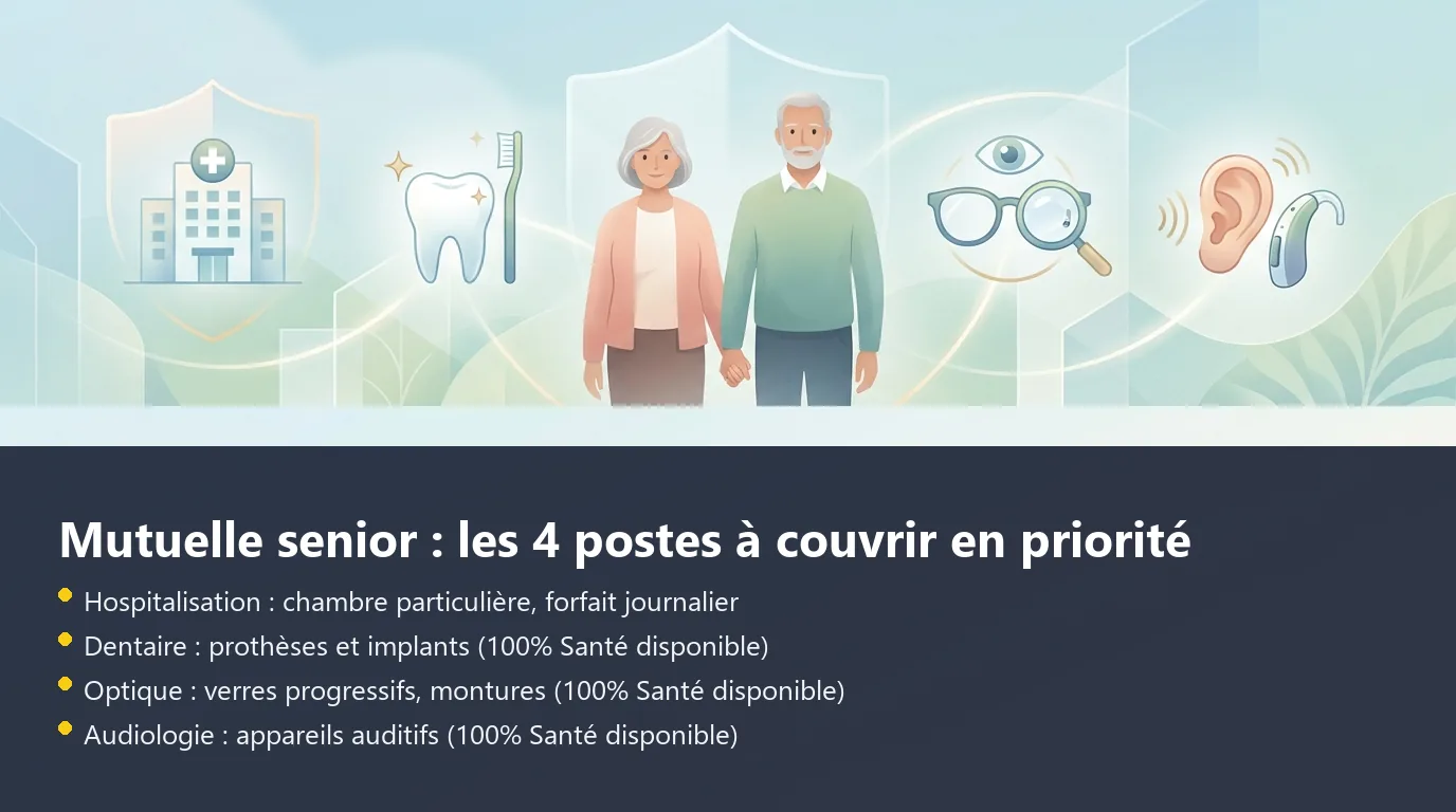 Infographie des quatre postes de garanties prioritaires d'une mutuelle pour seniors : hospitalisation, dentaire, optique, audiologie