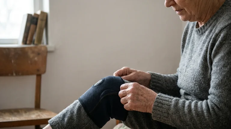 Personne âgée ajustant une genouillère élastique sur son genou dans un cadre domestique