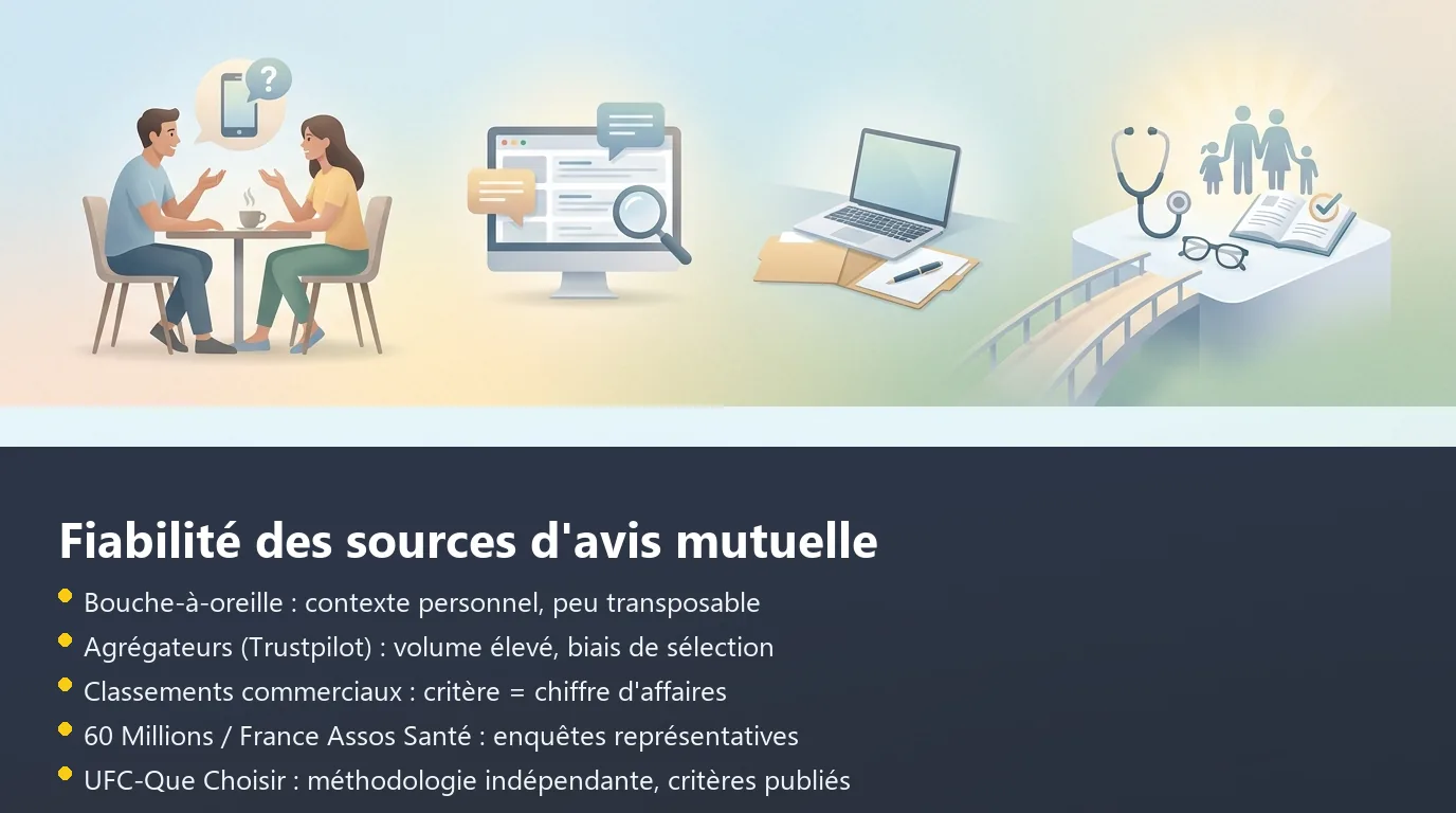 Infographie sur la hiérarchie des sources d'avis pour choisir une mutuelle santé, de la moins à la plus fiable