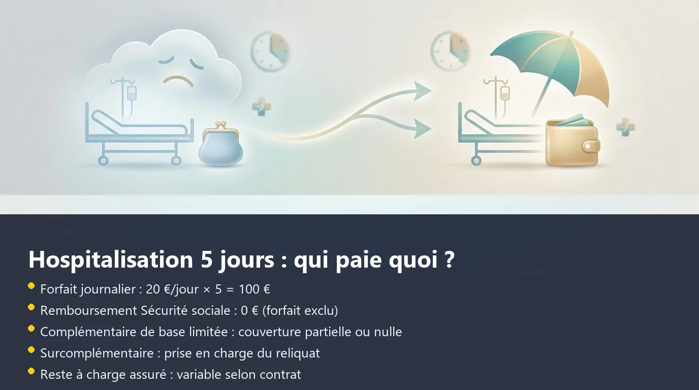Infographie montrant la répartition du reste à charge pour une hospitalisation de 5 jours entre Sécurité sociale, complémentaire et surcomplémentaire