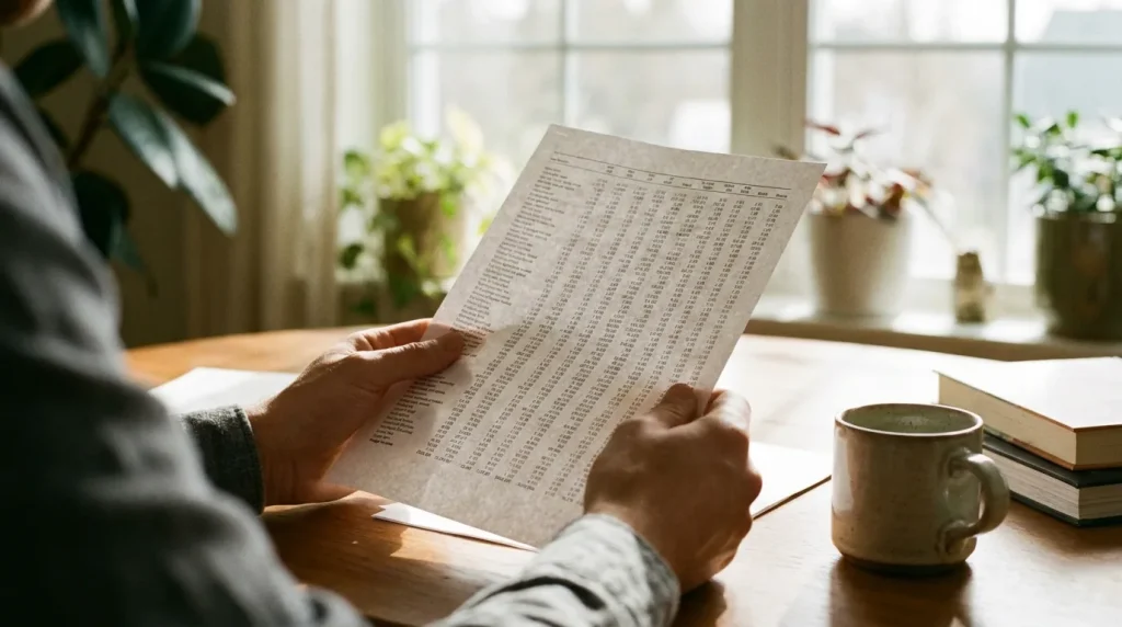 Personne lisant un document avec des colonnes de remboursements mutuelle dans un cadre domestique lumineux