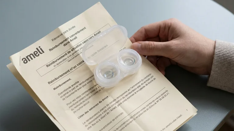 Étui à lentilles de contact ouvert posé sur une feuille de remboursement Ameli