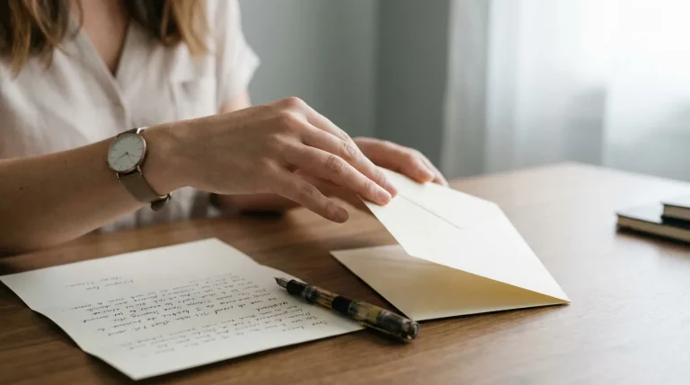 Mains posant une enveloppe sur un bureau avec une lettre et un stylo, dans un cadre sobre et naturel