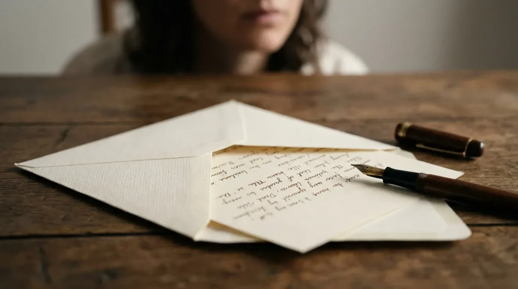 Enveloppe posée sur un bureau avec une lettre et un stylo, ambiance sobre et lumière naturelle