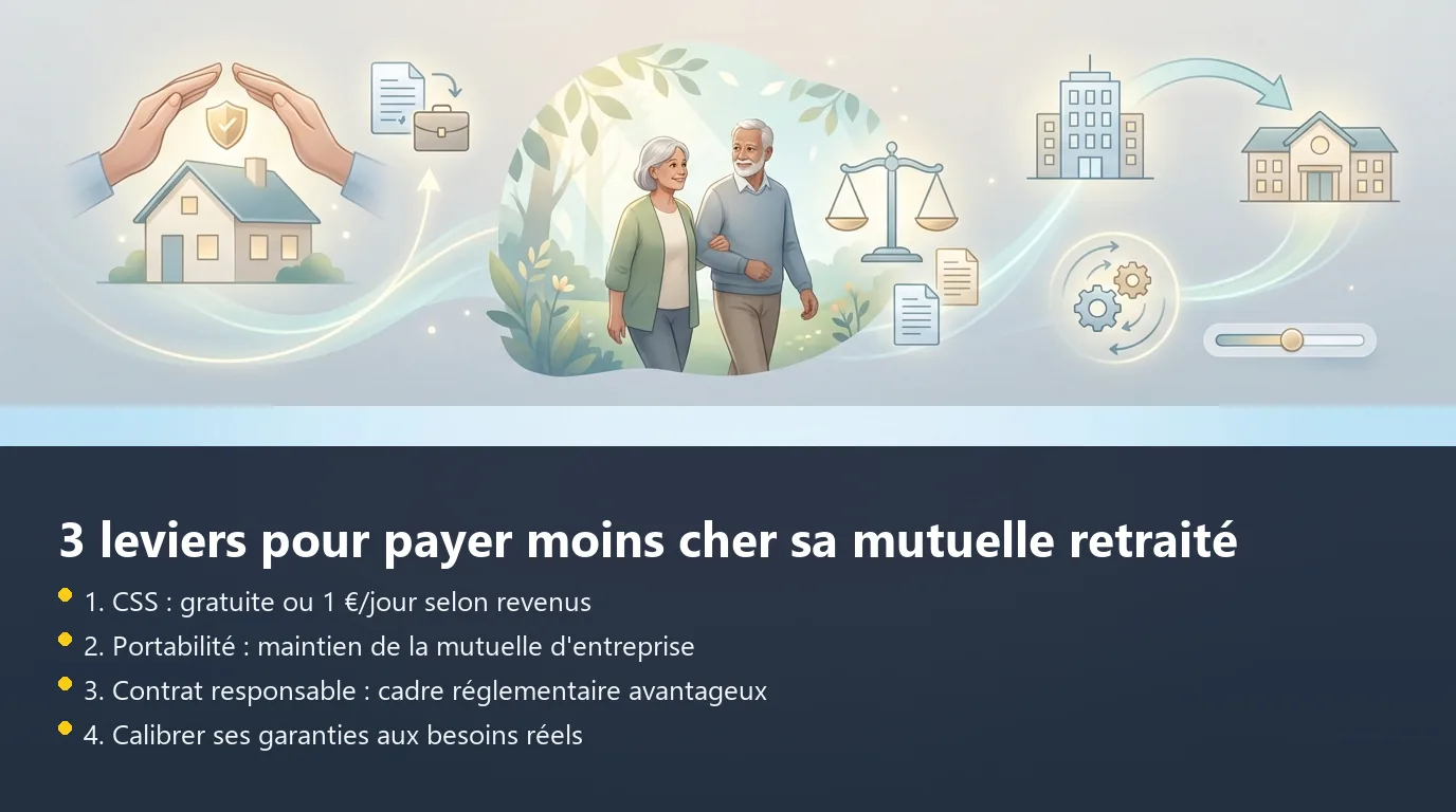 Infographie présentant les trois leviers pour réduire le coût d'une mutuelle retraité : CSS, portabilité et ajustement des garanties
