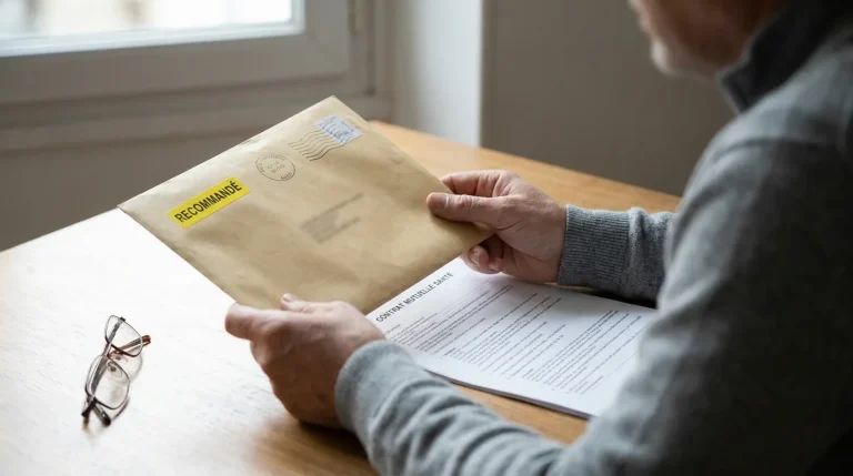 Personne tenant une enveloppe recommandée et consultant un document de contrat mutuelle