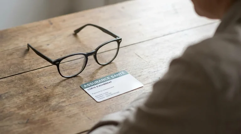 Paire de lunettes posée sur une table à côté d'une carte de complémentaire santé