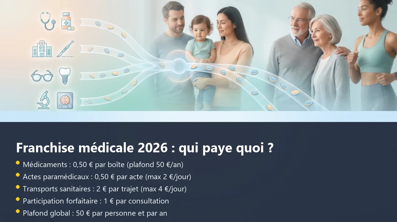 Infographie des montants de la franchise médicale par type de prestation en 2026