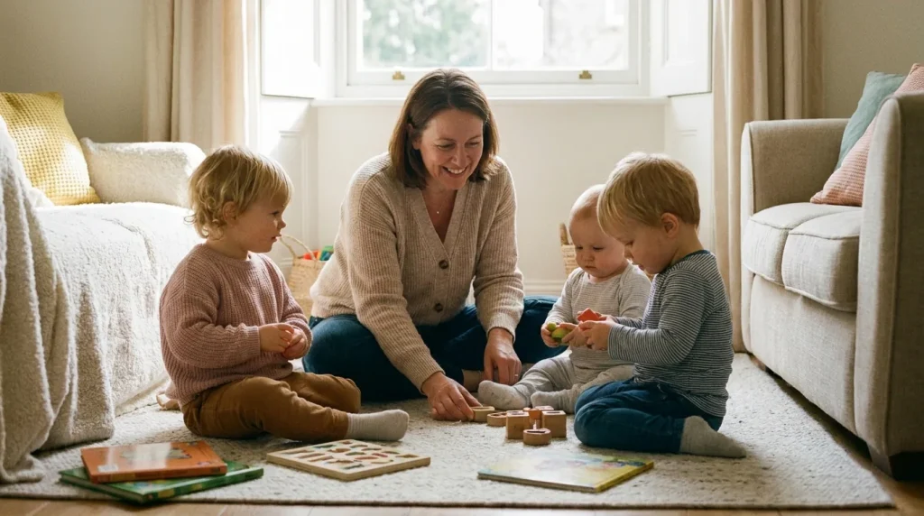 Assistante maternelle souriante avec des enfants en bas âge dans un intérieur domestique