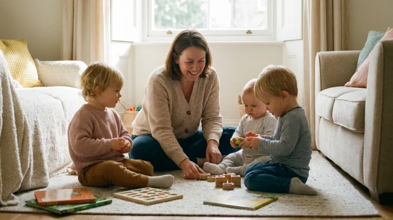 Assistante maternelle souriante avec des enfants en bas âge dans un intérieur domestique