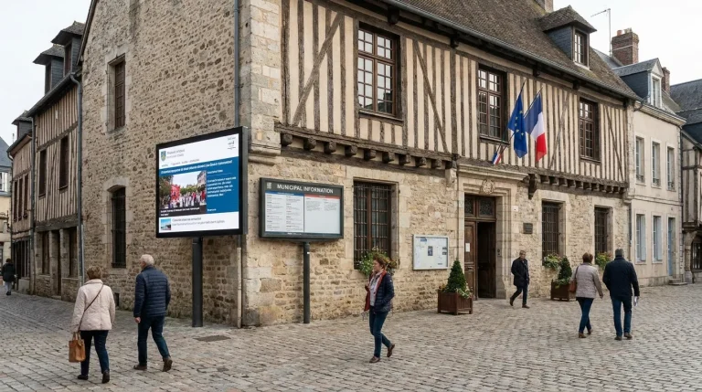 Façade de mairie française avec panneau d'information municipal en lumière naturelle