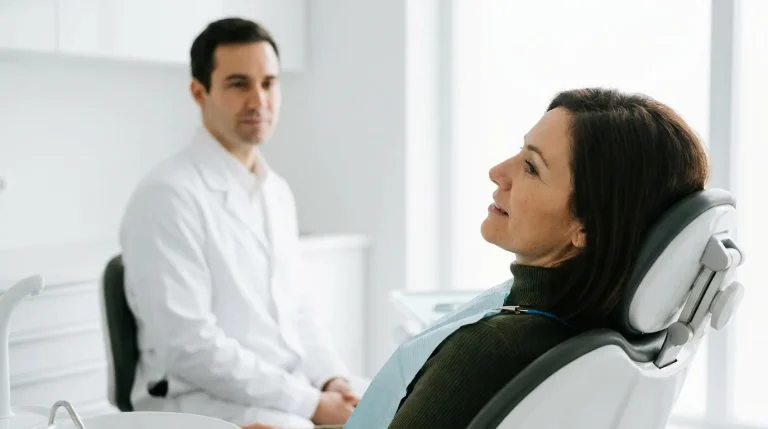 Adulte en consultation chez un dentiste dans un cabinet médical lumineux et sobre