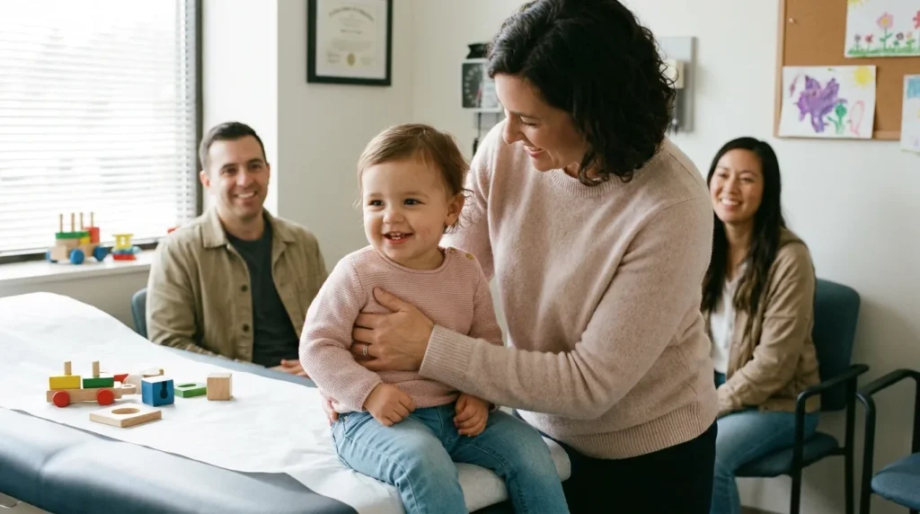 Enfant souriant lors d'une consultation pédiatrique, parent présent en arrière-plan