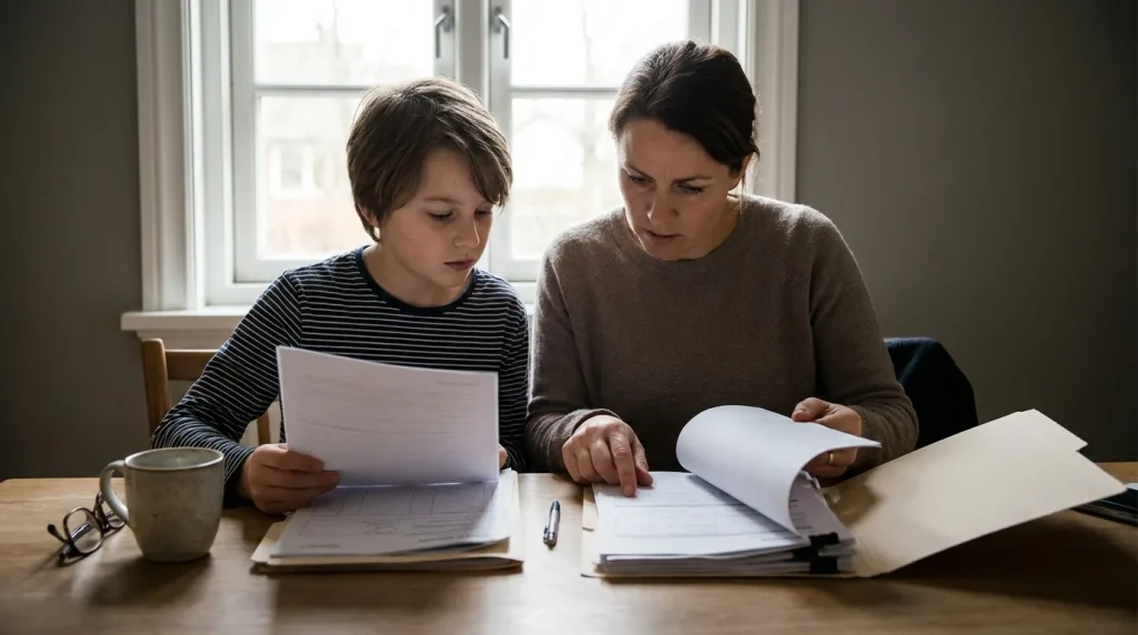 Parent et enfant consultant des documents administratifs pour souscrire une mutuelle individuelle