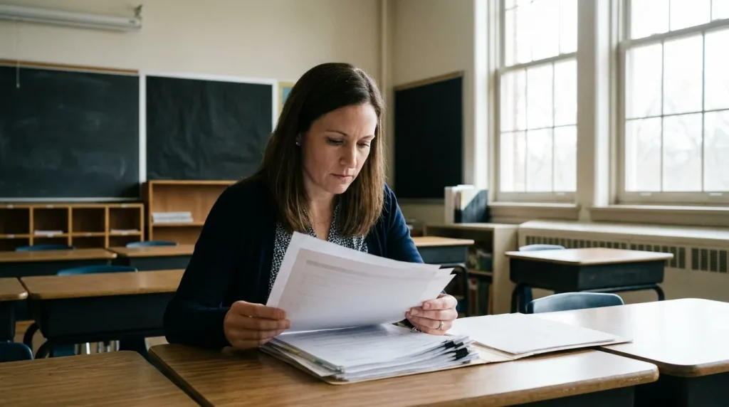 Enseignante consultant des documents sur sa complémentaire santé en salle de classe
