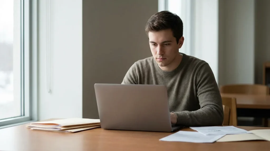 Étudiant consultant des documents administratifs liés à sa couverture santé sur un bureau