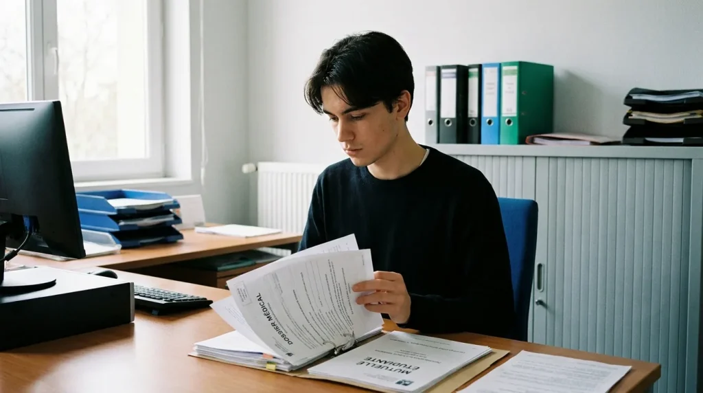 Étudiant consultant des documents administratifs liés à sa complémentaire santé
