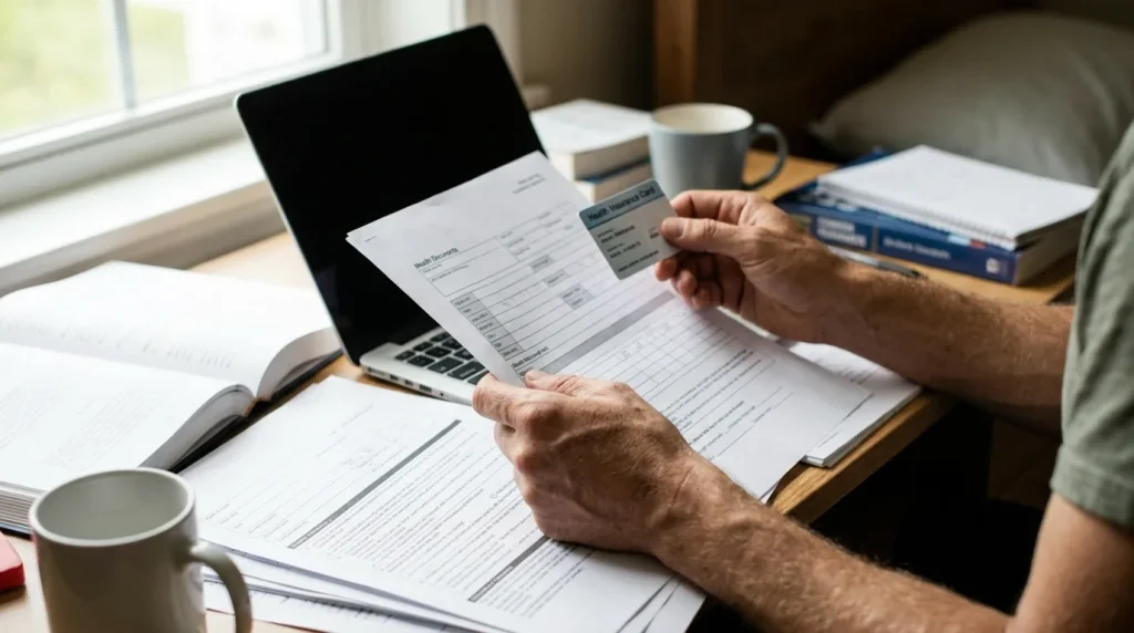 Étudiant consultant ses documents de santé et sa carte mutuelle sur un bureau de chambre universitaire